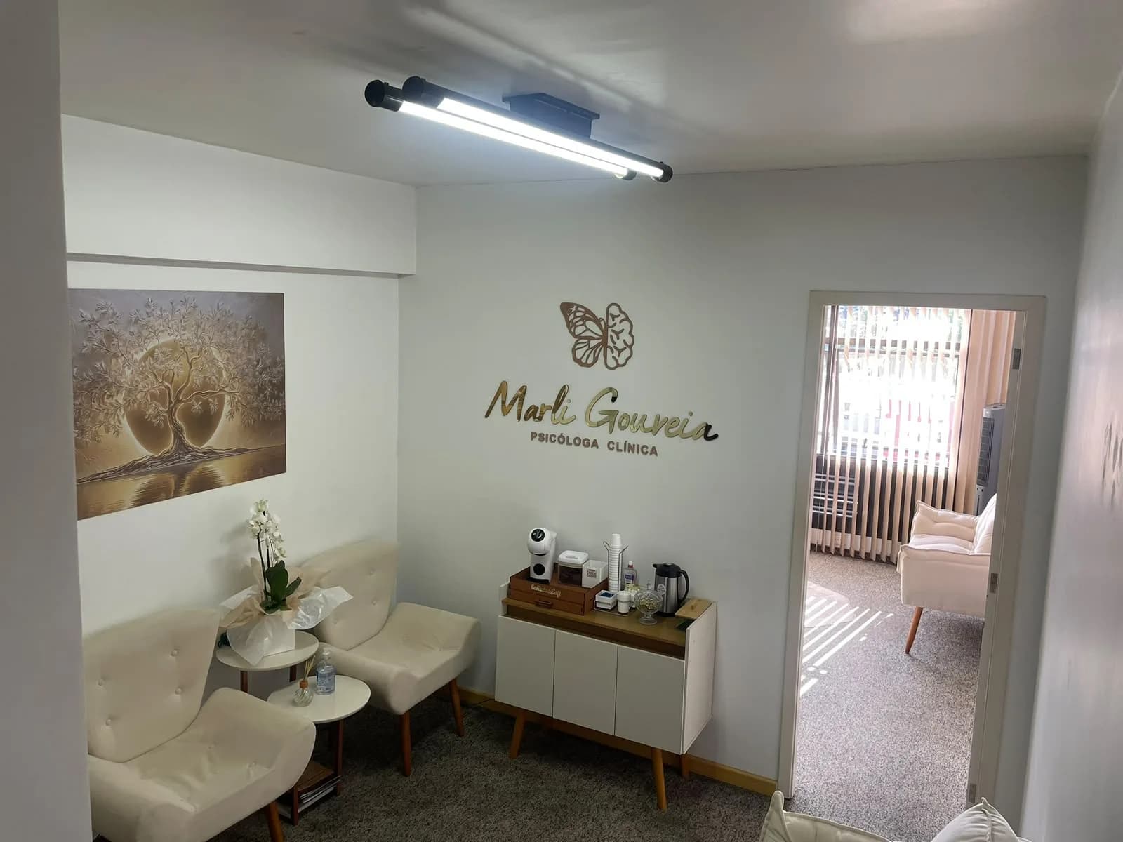 Recepção do consultório de Marli Gouveia no Edifício Cristal Trade Center, em Pinhais